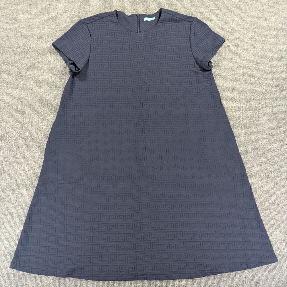 J.McLaughlin Navy Blue Greek Key Textured Knit Shift Dress Short Sleeve Large